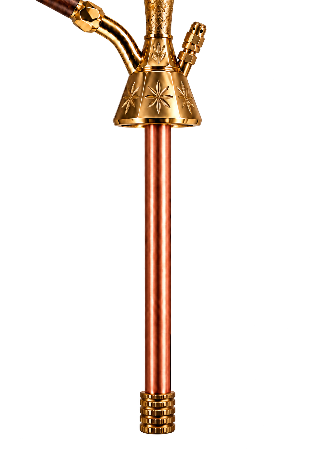 Red copper downstem with an engraved gold head and ringed diffuser.